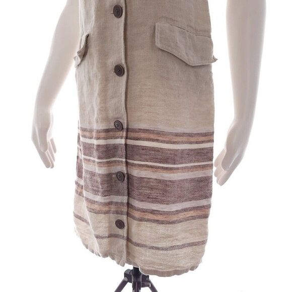 Tommy Bahama Beige Tan Solid Button Front Snap Pockets Linen Shirt Dress - Picture 7 of 9